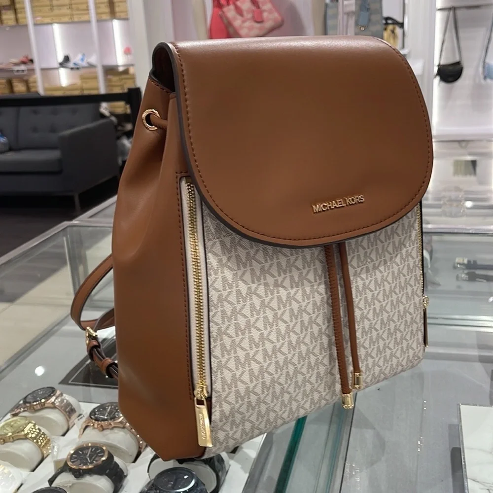 Michael Kors Phoebe 35F2G8PB2B Flap Drawstring Backpack Vanilla Signature